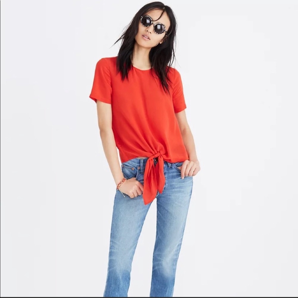 Madewell Red Silk Tie Front Button Back Shirt